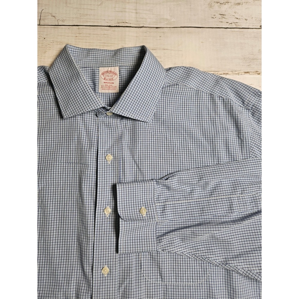 Brooks Brothers Madison Mens 17.5 37 Blue Check No-Iron Supima Dress Shirt‎
